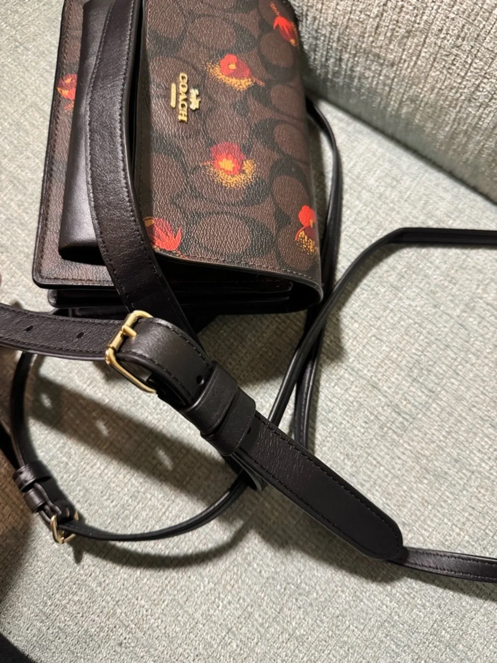 Coach Floral Signature Crossbody Bag in Brown with Red Accents